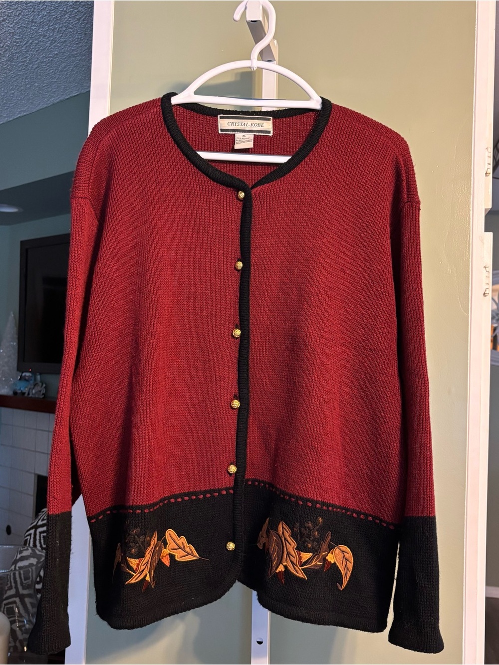 Embroidered Burgundy Cardigan with Black Trim see comments